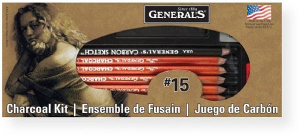 Generals 15 Charcoal Kit; A comprehensive 13 piece charcoal set that includes one charcoal white pencil, five charcoal pencils HB, 2B, 4B one of each and two 6B; 6 compressed charcoal sticks one white and five assorted black; A carbon sketch pencil, an all art sharpener, and a kneaded eraser.; UPC 044974155571 (G15 G-15 15 CHARCOAL-15 GENERALS15 GENERALS-15)