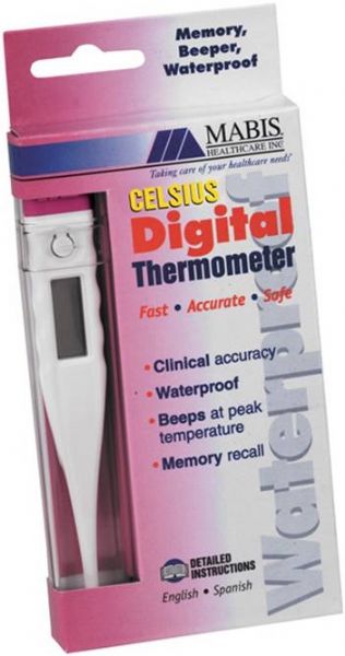 Mabis 15-604-000 Deluxe Digital Thermometer with Memory, Waterproof, Celsius Display, 60-second readout, Memory recall of last reading, Auto shut-off, Waterproof feature for easy cleaning (15604000 15 604 000 15 604000 15604 000 15-604000 15604-000 15 604-000 15-604 000 767056156043)