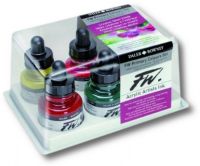 FW 160100006 Liquid Artists' Acrylic Ink, 6-Color Primary Set; An acrylic-based, pigmented, water-resistant inks (on most surfaces) with a 3 or 4 star rating for permanence, high degree of lightfastness, and are fully intermixable; Alternatively, dilute colors to achieve subtle tones, very similar in character to watercolor; Such washes will dry to a water-resistant film on virtually all surfaces and successive layers of color can be laid over; EAN 5011386029894 (FW160100006 FW 160100006) 