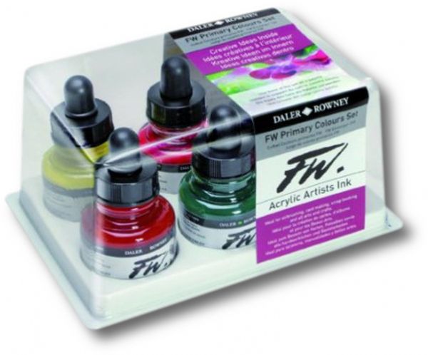 FW 160100006 Liquid Artists' Acrylic Ink, 6-Color Primary Set; An acrylic-based, pigmented, water-resistant inks (on most surfaces) with a 3 or 4 star rating for permanence, high degree of lightfastness, and are fully intermixable; Alternatively, dilute colors to achieve subtle tones, very similar in character to watercolor; Such washes will dry to a water-resistant film on virtually all surfaces and successive layers of color can be laid over; EAN 5011386029894 (FW160100006 FW 160100006)