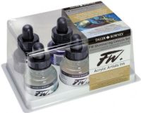 FW 160110006 Liquid Artists' Acrylic Ink, 6-Color Shimmering Set; An acrylic-based, pigmented, water-resistant inks (on most surfaces) with a 3 or 4 star rating for permanence, high degree of lightfastness, and are fully intermixable; Alternatively, dilute colors to achieve subtle tones, very similar in character to watercolor; Such washes will dry to a water-resistant film on virtually all surfaces and successive layers of color can be laid over; EAN 5011386029900 (FW160110006 FW 160110006) 