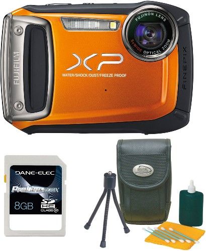 Fujifilm 16229945-3-KIT FinePix XP100 Digital Camera, Orange with DC-115R Starter Kit & 8GB SD Card, Waterproof to 10m/shock proof to 2m, 2.7-inch, approx. 230000 dots TFT color LCD monitor, 14 Megapixels, 1/2.3-inch CCD with primary color filter Image sensor, Fujinon 5x Optical Zoom & 28mm Wide Lens, UPC 837654978542 (162299453KIT 162299453-KIT 16229945-3KIT 16229945 3-KIT XP-100 XP 100)