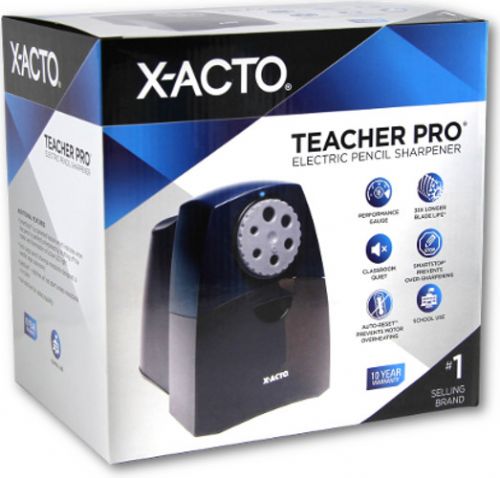 X-Acto 1675 Teacher Pro Electric Sharpener; Built with the patent pending SmartStop feature which indicates when the pencil is sharpened through illumination of blue LED light; For safe, fast, quiet sharpening in the classroom; Equipped with an extra large shavings receptacle and a multi-hole pencil dial; Multi-hole pencil selector; Hardened helical cutter for maximum precision and durability; Powerful Motor for performance and reliability; UPC 079946016758 (XACTO1675 XACTO 1675 X ACTO)