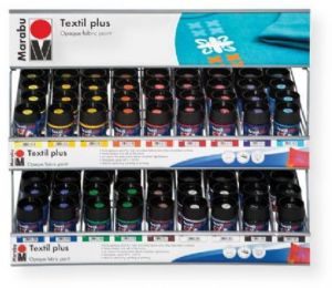 Marabu Textil Plus 171505MWD Display Assortment; Contents 6 colors with 6 with jars each, 6 colors with 12 jars each in 50 ml jars; Opaque & water-based; Soft to the touch; Fully opaque fabric paint for dark fabrics; Perfect for fabric painting & printing; Washable up to 40C after fixing; UPC MARABU171505MWD (171505MWD 171505-MWD 171-505MWD MARABU171505MWD MARABU-171505MWD MARABU-171505-MWD) 