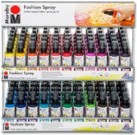 Marabu 171905MWD Fashion Spray Display Assortment; Water-based fabric spray paint, odourless and light-fast, brilliant colours, soft to the touch; For light-coloured fabric with up to 20 percent man-made fibers; After fixing washable up to 40 C; Ideal for free-hand spraying, stenciling and many other techniques; 100 ml size; 6 ea of 22 colors; Dimensions 21" x 12" x 20.50"; Weight 2.50 lbs; UPC 020268976404 (MARABU171905MWD MARABU 171905MWD 171905 MWD 171905-MWD M171905MWD) 