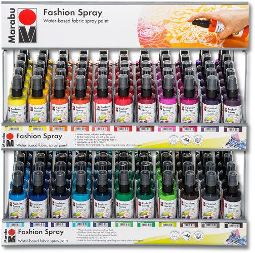 Marabu 171905MWD Fashion Spray Display Assortment; Water-based fabric spray paint, odourless and light-fast, brilliant colours, soft to the touch; For light-coloured fabric with up to 20 percent man-made fibers; After fixing washable up to 40 C; Ideal for free-hand spraying, stenciling and many other techniques; 100 ml size; 6 ea of 22 colors; Dimensions 21