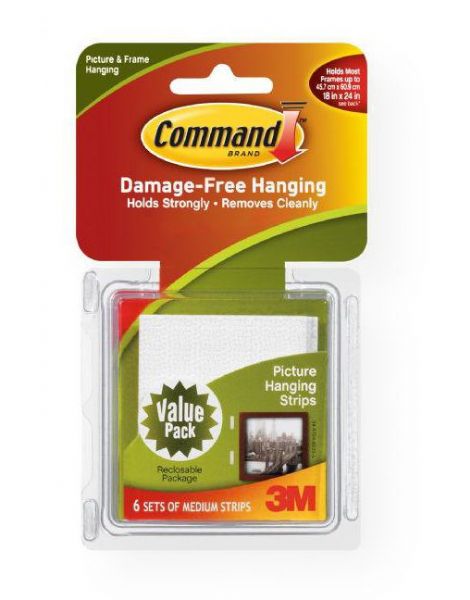 Command 17204 White Medium Hanging Strips Value Pack; Command technology holds strongly; When it is time to remove, pull the tab and it removes cleanly with no surface damage; Use on a variety of surfaces, including paint, wood, and tile; White medium hanging strips; 6-pack; Holds up to 18