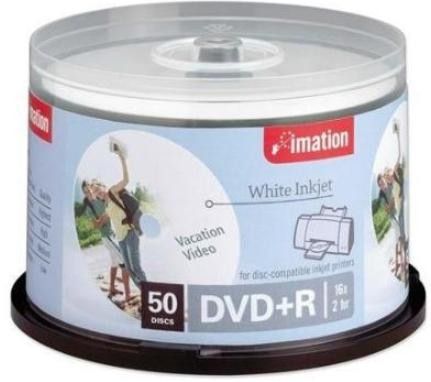 Imation 17353 Printable Storage media - DVD+R, 4.7GB Storage Capacity, 240 Minute Extra Long Recording Mode (EP) - Digital Video and 120 Minute Standard Recording Mode (SP) - Digital Video Audio/Video Duration, 16x Maximum Write Data Transfer Rate, Ink Jet Printable Surface Type, White Surface Color, 50 Pack, 120mm Standard Form Factor, UPC 051122173530 (17-353 17 353)