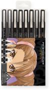 Prismacolor 1759417 Manga Marker Set 8 Pack; 8 piece fine line illustration marker set includes Black 005, 03, 05, 08, chisel and brush, Sepia 005, brush; Tip types and colors selected specifically for drawing flawless Manga artwork; Richly pigmented black and sepia ink is acid free, lightfast, permanent, water resistant, smear resistant when dry and doesnt bleed through paper; UPC 070735000842 (1759417 SN1759417 MANGA-1759417 PRISMACOLOR1759417 PRISMACOLOR-1759417 PRISMA-COLOR-1759417)  