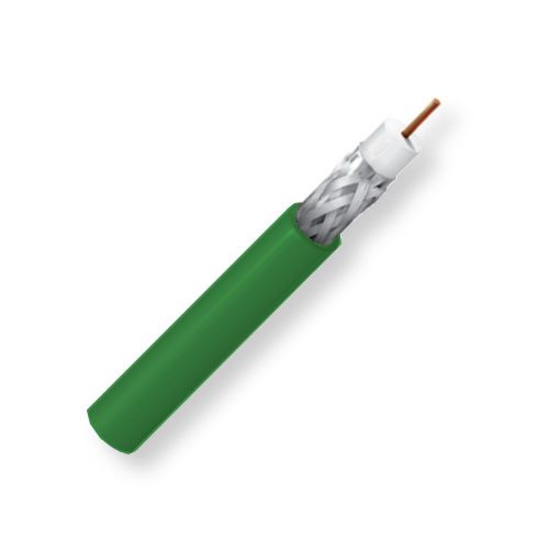 Belden 179DT N3U1000, Model 179DT, 28.5 AWG, RG179, Ultra-miniature, Low Loss Serial Digital Coax Cable; Green Color; Riser-CMR Rated; Solid bare copper conductor; Foam HDPE core; Duofoil Tape and Tinned Copper braid; PVC jacket; UPC 612825357049 (BTX 179DTN3U1000 179DT N3U1000 179DT-N3U1000 BELDEN)