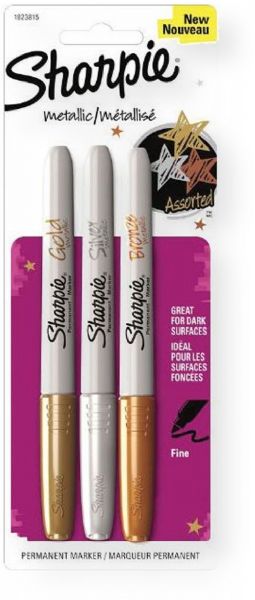 Sharpie 1823815 Fine Point Metallic Permanent Marker Set; Comes with Gold, Silver and Bronze colors; Quick drying, water resistant, high intensity inks proven permanent on most surfaces; AP certified, non toxic ink formula; Blister contains one of each Metallic Permanent Marker; Stunning sheen stands out on both light and dark surface; Skip shaking, save your strength, and immediately enjoy stunning marks, no shaking required; UPC 071641053649 (1823815 SN1823815 METALLIC-1823815 MARKER-1823815 S