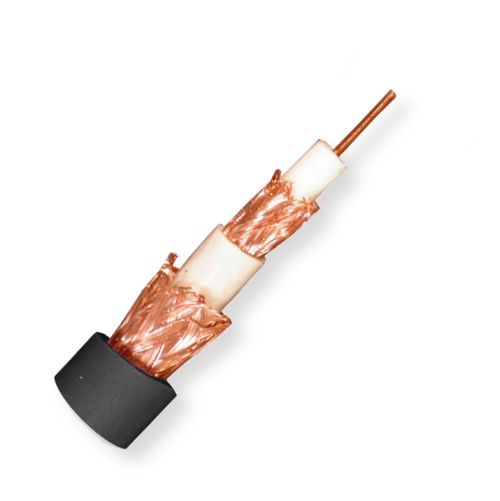 Belden 1856B B591000, Model 1856B, 20 AWG, RG59, Video Triax Cable; Black, Matte; CMR and CMG Rated; 20 AWG solid bare copper conductor; Gas-injected foam HDPE insulation; Bare copper braid shields; Belflex jacket; UPC 612825358527 (BTX 1856BB591000 1856B B591000 1856B-B591000)