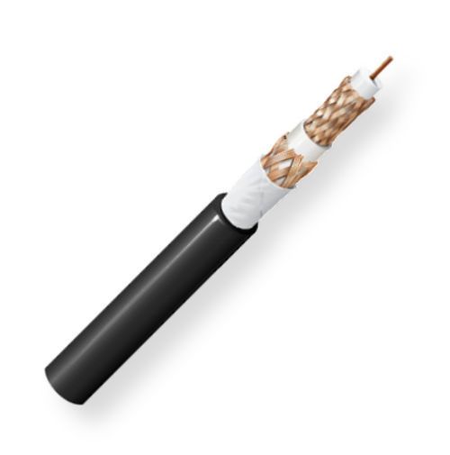 BELDEN1858AB59500, Model 1858A, 15 AWG, RG11 Video Triax Coax Cable; Black, Matte; Stranded 0.064-Inch Bare copper conductor; Foam HDPE insulation; Bare copper braid shields; Belflex jacket; Indoor or permanent outdoor use; UPC 612825356738 (BELDEN1858AB59500 TRANSMISSION CONNECTIVITY VIDEO PLUG)