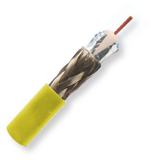 Belden 1865A 0041000, Model 1865A, 25 AWG, Sub-miniature, Serial Digital Coax Cable; Yellow Color; Riser-CMR Rated, Stranded 0.021-Inch bare copper conductor; Gas-injected foam HDPE insulation; Duofoil Tape and Tinned copper Braid shield; PVC jacket; UPC 612825356769 (BTX 1865A0041000 1865A 0041000 1865A-0041000 BELDEN)