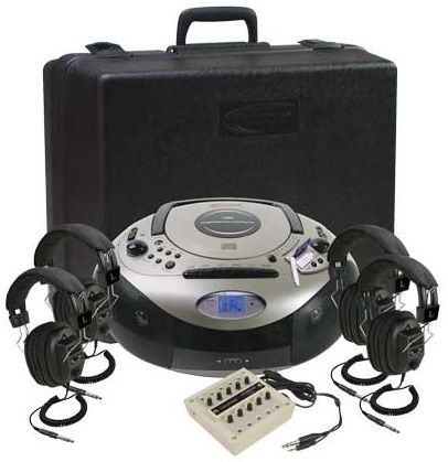 Califone 1886PLC 4-Person Spirit SD, Stereo Listening Center; Multimedia Player; Foam-lined carry / storage case with extra room for recorded materials is ideal for itinerant teachers and roving AV carts; Ten-position stereo jackbox with individual volume controls; UPC 610356830048 (1886-PLC 1886 PLC)