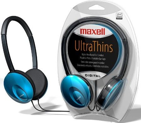 Maxell 190245 Utpu Ultra-Thin Headphones, Blue, Compact with a slim metallic headband and can pivot or lie flat, Soft ear pads rest gently on ear, Earpieces can pivot, Headphones can lie flat, 30mm Neodynamic driver, UPC 025215193057 (19-0245 190-245 1902-45) 