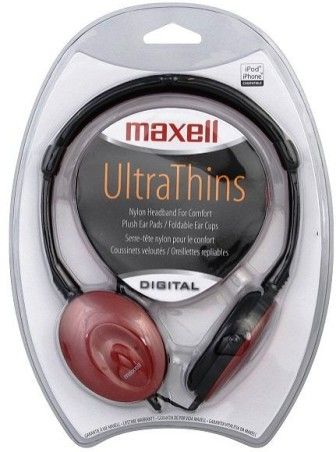 Maxell 190246 Utpu Ultra-Thin Headphones, Red, Compact with a slim metallic headband and can pivot or lie flat, Soft ear pads rest gently on ear, Earpieces can pivot, Headphones can lie flat, 30mm Neodynamic driver, UPC 025215193064 (19-0246 190-246 1902-46) 