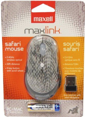 Maxell 191117 Wireless Safari Mini Optical Mouse, Silver Snake, 2.4GHz wireless technology, 1600 dpi tracking, 3-key button with scroll wheel, Up to 32' wireless range, Compatible with Mac or PC, Requires 1 x AAA battery (not included), UPC 025215194375 (19-1117 191-117 1911-17) 