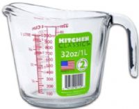 Kitchen Classics 195-91661LIB Measuring Cup 32 oz, 5.75” approx. Diameter at top, Clear Glass; Made in USA, Ounce, Cup, Milliliter and Deciliter Measurements Markings in Red Print; Oven, Freezer, Dishwasher & Microwave Safe; Handle & Spout for Easy Pouring, Packaged with a Color Retail Label, UPC 896126001140 (19591661LIB 195 91661LIB 195-91661-LIB)   
