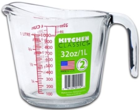 Kitchen Classics 195-91661LIB Measuring Cup 32 oz, 5.75 approx. Diameter at top, Clear Glass; Made in USA, Ounce, Cup, Milliliter and Deciliter Measurements Markings in Red Print; Oven, Freezer, Dishwasher & Microwave Safe; Handle & Spout for Easy Pouring, Packaged with a Color Retail Label, UPC 896126001140 (19591661LIB 195 91661LIB 195-91661-LIB)  