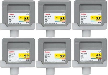 Canon 1965B005 Model PFI-301Y 330ml Pigmented Yellow Ink Tanks (6 Pack) for use with imagePROGRAF iPF8000, iPF8000S, iPF8100, iPF9000, iPF9000S and iPF9100 Large Format Printers, New Genuine Original OEM Canon Brand (1965-B005 1965 B005 PFI301Y PFI 301Y 1965B005AA)