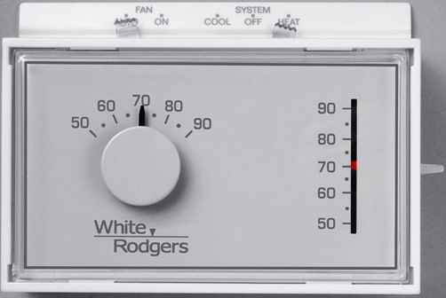 White-Rodgers 1F56N-444 Universal Horizontal Heat/Cool Mechanical Nonprogrammable Low Voltage Thermostat; Stages Heat 1, Stages Cool 1, System Switching Heat-Off-Cool, Fan Switching Auto-On; Color White; Analog Display, Horizontal Mounting, Mercury Free; For Use With Heating, Cooling, Heat Pump Without Auxiliary Heat, UPC 786710532030, Replaced 1F56W-444 1F56W444 (1F56N444 1F56N 444)