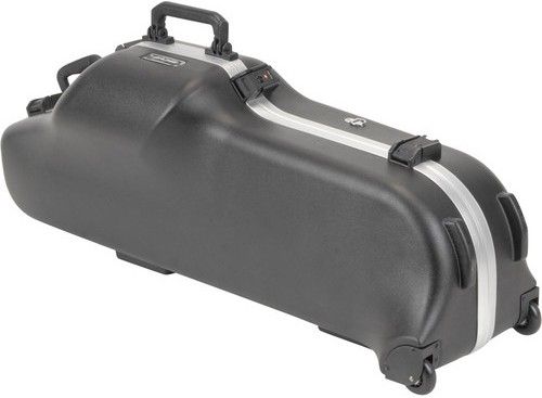 SKB 1SKB-455W Contoured Pro Baritone Sax Case with Wheels, EPS foam-lined interior holds the instrument more securely, In-line wheels for easier transport, TSA locks for added security, Molded-in bumper protection, Exterior: 43.50