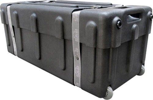 SKB 1SKB-DH3315W Mid-Sized Drum Hardware Case with Pull Out Handle and Wheels, Rotationally molded / Linear Low Density Polyethylene, Dual nylon web cinches, Molded pull-out handle, Convenient pull-out handle, Built-in wheels for easy transport, Heavy-duty web strap for reliable closure, Interior: 32
