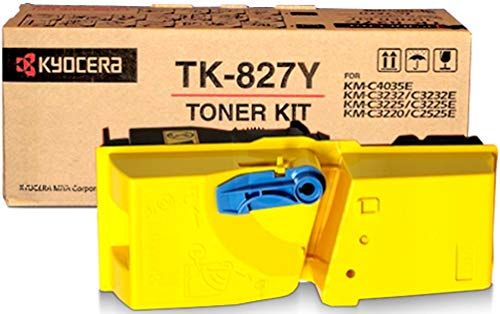 Kyocera 1T02FZAUS0 Model TK-827Y Yellow Toner Cartridge For use with Kyocera KM-C2520, KM-C2525, KM-C2525E, KM-C3225, KM-C3225E, KM-C3232, KM-C3232E, KM-C4035 and KM-C4035E Multifunction Printers; Up to 7000 Pages Yield at 5% Average Coverage; UPC 632983007631 (1T02-FZAUS0 1T02F-ZAUS0 1T02FZ-AUS0 TK827Y TK 827Y)