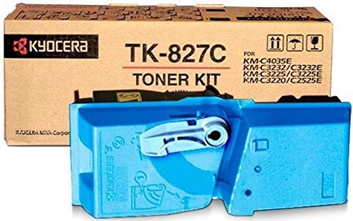 Kyocera 1T02FZCUS0 Model TK-827C Cyan Toner Cartridge For use with Kyocera KM-C2520, KM-C2525, KM-C2525E, KM-C3225, KM-C3225E, KM-C3232, KM-C3232E, KM-C4035 and KM-C4035E Multifunction Printers; Up to 7000 Pages Yield at 5% Average Coverage; UPC 632983007679 (1T02-FZCUS0 1T02F-ZCUS0 1T02FZ-CUS0 TK827C TK 827C)