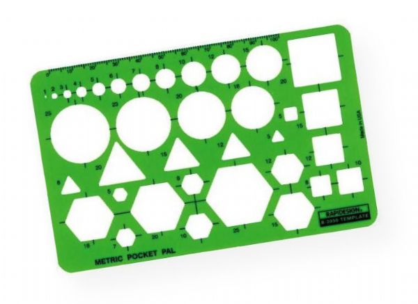 Rapidesign 2050R Metric Pocket Pal Template; Contains circles, triangles, squares, hexagons, and 100mm edge scale; Size: 9cm x 14cm x .8mm; Shipping Weight 0.06 lb; Shipping Dimensions 5.5 x 3.5 x 0.31 in; UPC 014173252876 (RAPIDESIGN2050R RAPIDESIGN-2050R RAPIDESIGN/2050R TEMPLATE DRAWING ARCHITECTURE)