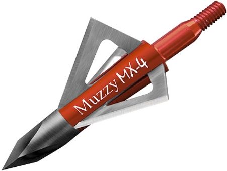 Muzzy 209-MX4-3 Fixed Blade Broadhead (3-Pack); 100 Grain 4 Blade with a shorter profile, wider cut, and thicker blades; 1 1/8 Cutting Diameter; 0.025