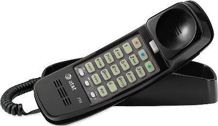 AT&T 210BK Trimline Corded Telephone, Black, Simple corded operation, No AC power required, Lighted keypad, Line power mode, One-touch memory buttons, 10-number speed dial, Hearing aid compatible, Mute, Last number redial, Flash, Receiver volume control, Ringer volume control, Table and wall-mountable, UPC 650530930409 (210-BK 210 BK)