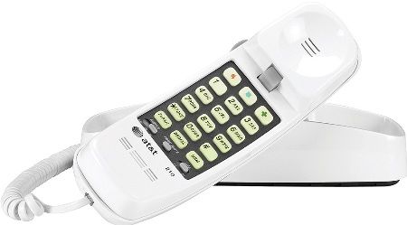 AT&T 210WH Trimline Corded Telephone, White, Simple corded operation, No AC power required, Lighted keypad, Line power mode, One-touch memory buttons, 10-number speed dial, Hearing aid compatible, Mute, Last number redial, Flash, Receiver volume control, Ringer volume control, Table and wall-mountable, UPC 650530930201 (210-WH 210 WH)