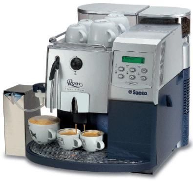 Saeco 21103 Royal Professional Automatic Espresso Machine, 1250 Watts, 120 V, Silver/Blue; 15.35x15.55x18 Dimensions wxhxd, 33.00 Kg Weight, 37 Kg Gross weight, 10.60 gr Capacity of the bean hopper, 82 oz Removable water tank capacity, 7 gr Quantity of ground coffee per serving, UPC 708461121103 (SAECO-21103 SAECO21103 SAECO 21103, MACHINES MACHINE MAKERS)