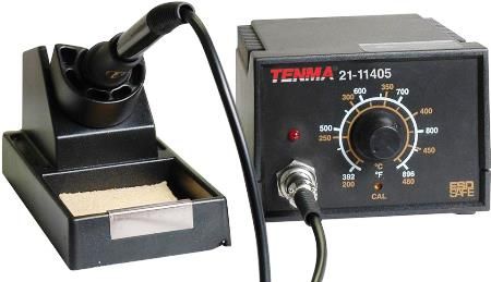 Tenma 21-11405 Rotary Dial Temperature Controlled Soldering Station; 50 Watts Power consumption; Stable and accurate temperature range of 392F~896F; Temperature lockout to prevent accidental adjustments; Lead free and ROHS compliant; ESD safe; Long life heating element; Lightweight iron handle; Includes one tip, soldering stand and cleaning sponge; Weight 3.63 lbs. (2111405 21 11405 211-1405 2111-405)