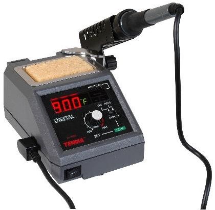 Tenma 21-1590 Temperature Controlled Digital Soldering Station; Heat resistant soldering iron cord; Grounded three-wire power cord; Auxiliary ground terminal; Built in tray with cleaning sponge; Easily accessible fuse holder; Temperature range 320~900F; 48W (211590 21 1590)