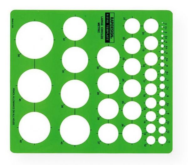 Rapidesign 2140R Metric Large Circles Template; Contains 44 circles from 2mm to 50mm; Size: 18.5cm x 21cm x .8mm; Shipping Weight 0.06 lb; Shipping Dimensions 10.5 x 7.5 x 0.12 in; UPC 014173252975 (RAPIDESIGN2140R RAPIDESIGN-2140R 2140R ENGINEERING)