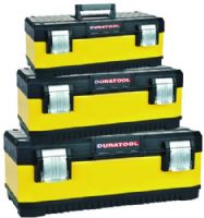 Duratool 22-15416 Three Piece Tool Box Set; Made of sturdy plastic to store, protect and organize tools; Two hinges with metal latches ensure case stays closed during transport; 18" external dimensions (L x W x D) 18.19" x 8.39" x 6.97"; 19.5" external dimensions (L x W x D) 19.6" x 11.37" x 8.74"; 21" external dimensions (L x W x D) 21.02" x 14.41" x 10.47"; Weight 15.6 lbs. (2215416 22 15416 221-5416 2215-416) 