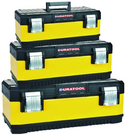 Duratool 22-15416 Three Piece Tool Box Set; Made of sturdy plastic to store, protect and organize tools; Two hinges with metal latches ensure case stays closed during transport; 18