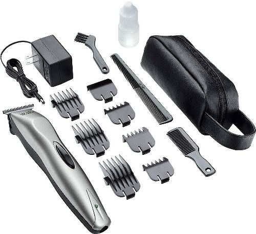 Andis 22725 Model BTF VersaTrim Trimmer 14-Piece Kit; Metallic silver finish; Easy handling and control for quick touch-ups and trimming at home; Perfect for beards, moustaches, sideburns and necklines; Super fine T-blade for extremely cose cutting and shaving; Numbered guide combs make it easy to remember preferred hair length; UPC 040102227257 (22-725 227-25)