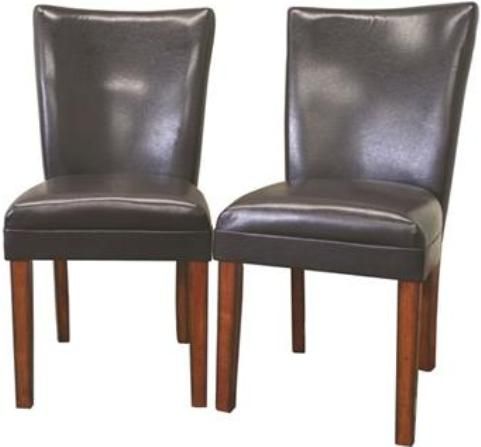 Wholesale Interiors 2272-BRN Korkunov Leather Dining Chairs Set of Two in Brown, Dark espresso brown bycast leather seat, Wood frame and base with brown antique finish, Decorative leather piping accents on chair backs, High-density foam padding, Non-marking feet, 20