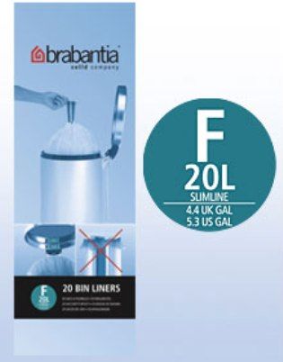 Brabantia 245305 Bin Liners F (20 litre Slimline), Roll of 20 bags (pcs), Easy to insert neatly and to remove quickly, The unique colour coding enables you to find the right bin liner, A perfect fit for your Brabantia waste bin - no ugly overwrap, Provided with special ventilation holes which makes it easier to insert the waste bag, EAN 8710755245305 (245-305 245 305)