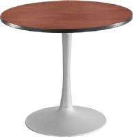 Safco 2477CYSL Cha-Cha 36" Round Table with Trumpet Base Sitting Height, Cherry Top/Silver Base, 1" Thick High Pressure Laminate Top, 3 mm Vinyl T-Mold Edge, Powder Coat (steel) Paint/Finish, Top Dimensions 36" Diameter x 1"H, Laminate (top)/Steel (Base) Material, GREENGUARD, Dimensions 36"diameter x 29"h (2477-CYSL 2477 CYSL 2477CY-SL 2477CY) 