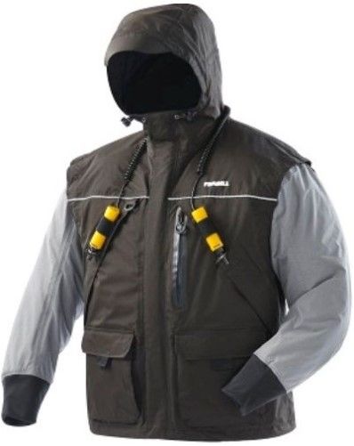 Frabill 2502021 Model I2 Large Jacket, Black/Heather Grey; Waterproof, windproof, breathable 300 denier nylon taslan shell, 100% seam sealed; 3M Thinsulate insulation, 150g; Self-rescue feature set: ice pick holsters, Frabill Ice Safety inter label drainage mesh; Self-Rescue ice pick set; Frabill ice fishing-specific ergonomic design; UPC 082271252210 (250-2021 2502-021 250 2021 I2JACKET)