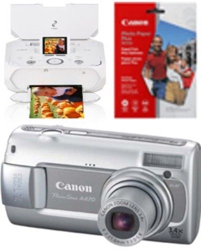 Canon 2503B031 PowerShot A470 Digital Camera with PIXMA mini320 Compact Photo Printer & PP-101 Photo Paper Plus Glossy (4