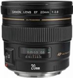 Canon 2509A003 EF 20mm f/2.8 USM; Ultra-wide-angle lens for serious applications; Easy to hold and carry at 14; 3 oz; (405g); cal Length & Maximum Aperture: 20mm 1:2.8; Lens Construction: 11 elements in 9 groups; Diagonal Angle of View: 94°; Focus Adjustment: Rear focusing system with USM; Closest Focusing Distance: 0.25m / 0.8 ft; Filter Size: 72mm; Max. Diameter x Length, Weight: 3.1 x 2.8, 14.3 oz. / 77.5 x 70.6mm, 405g; UPC 082966212888 (2509A003 2509A003 2509A003) 