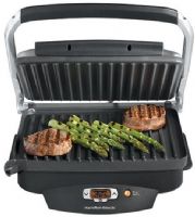 Hamilton Beach 25331 Super Sear Indoor Grill, Indoor searing grill, Sears meat for moist, tender results, Grills meats in under 10 minutes, Fat drains into removable drip tray, 100 sq. in. nonstick surface, Great for everything from sandwiches, to meats, vegetables and fish, Achieve grill marks for that "steakhouse" look, Default temperature adjustment from 300º to 425º, UPC 040094253319 (25-331 25 331) 
