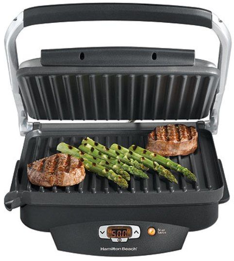 Hamilton Beach 25331 Super Sear Indoor Grill, Indoor searing grill, Sears meat for moist, tender results, Grills meats in under 10 minutes, Fat drains into removable drip tray, 100 sq. in. nonstick surface, Great for everything from sandwiches, to meats, vegetables and fish, Achieve grill marks for that 