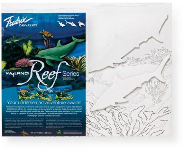 Fredrix 2595 Wyland Sharks Reef Series; Designed by nature artist Wyland; Each kit includes a canvas panel with coral reef outlines, plenty of room to customize the underwater scene, two canvas board marine animal shapes, and a painting tip and reef fact sheet; Backgrounds for each kit match up side by side to decorate and hang the whole series; UPC 081702025959 (T2595 T-2595 2595 WYLAND-2595 FREDRIX2595 FREDRIX-2595 ALVIN)